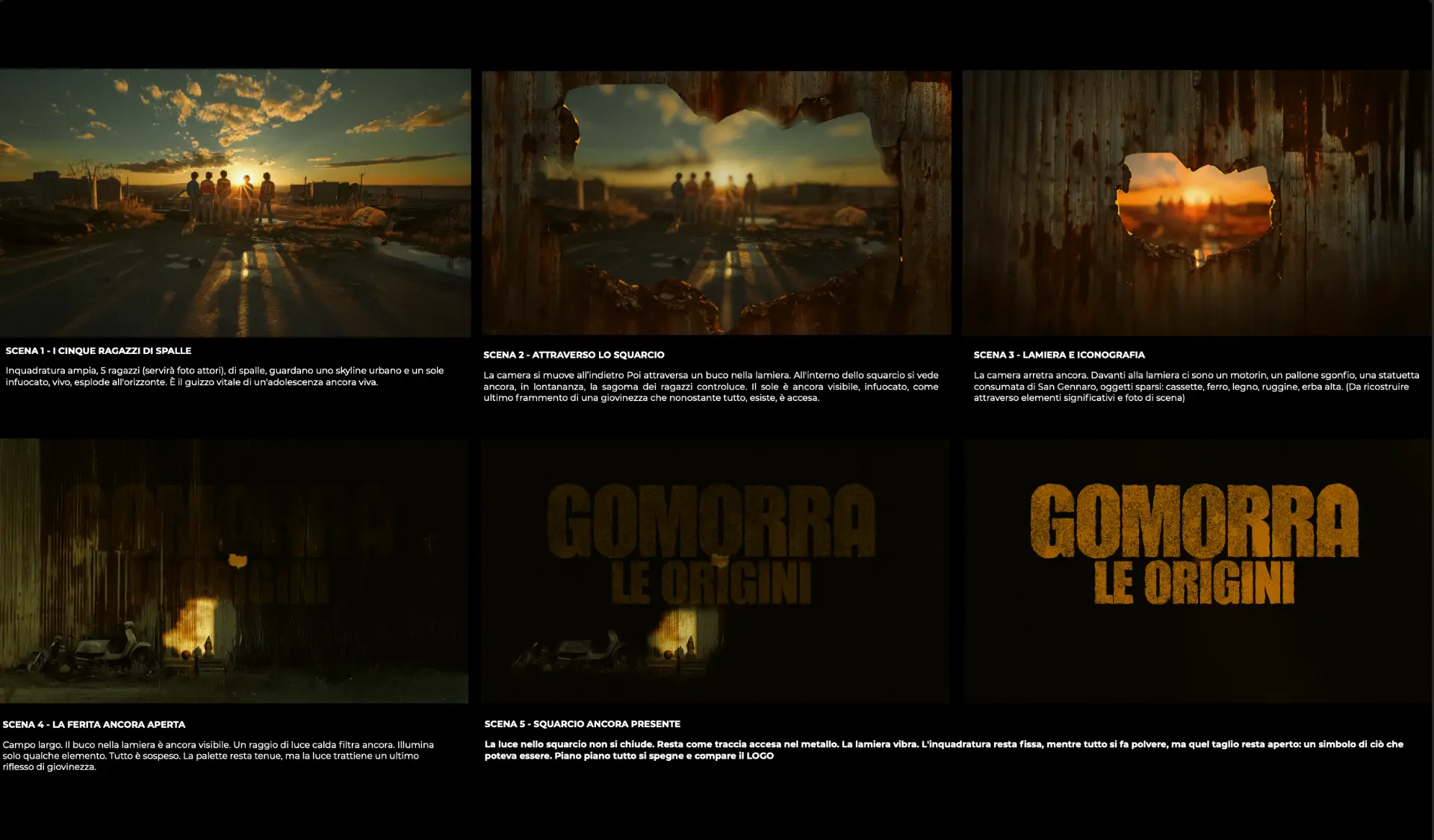 Storyboard - LO SQUARCIO: cinque ragazzi controluce, la ferita nella lamiera che non si chiude